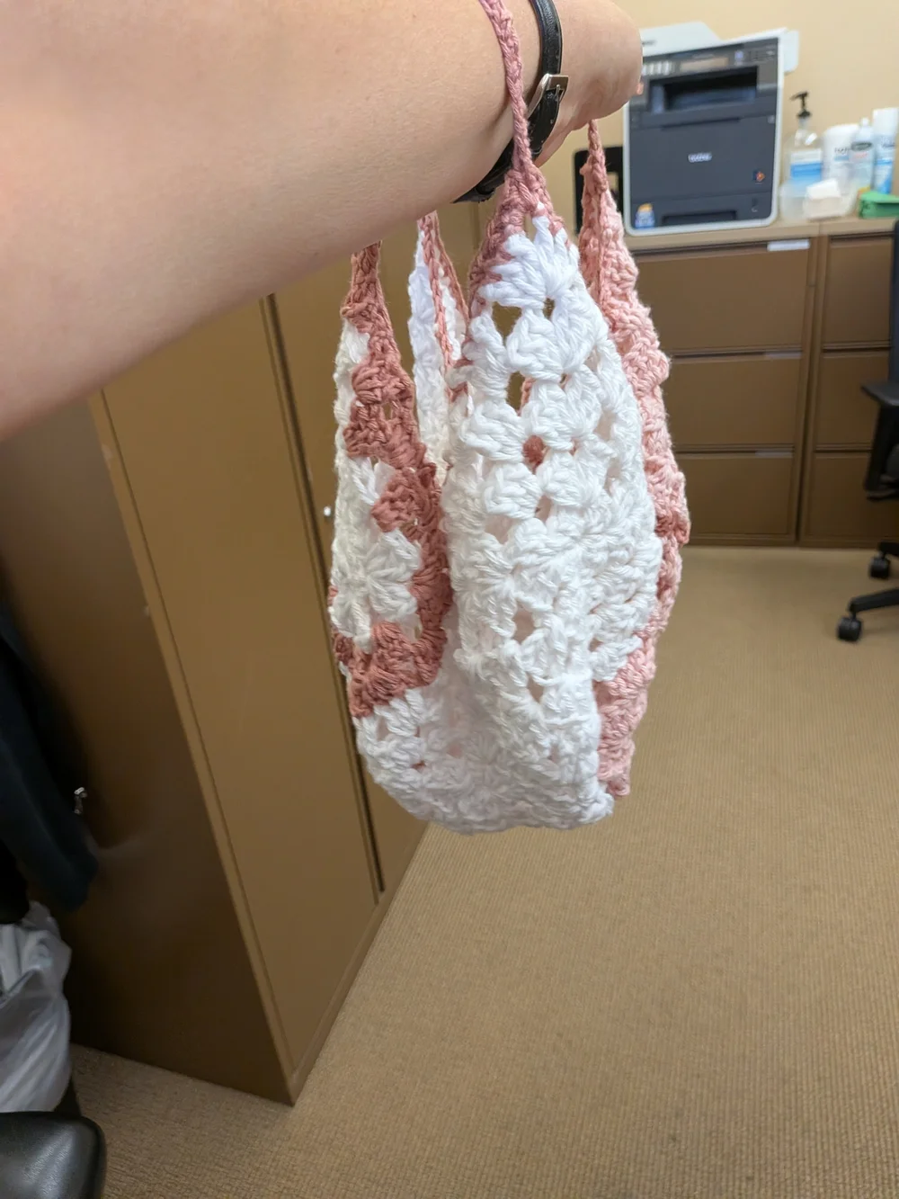 Handmade Crochet Hobo Bag - Pink & White